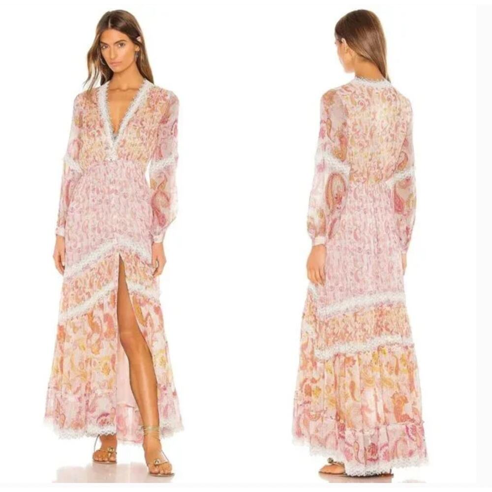Rococo Sand Candy Dress Paisley Print Maxi Dress Chiffon Lace Pink Size Medium